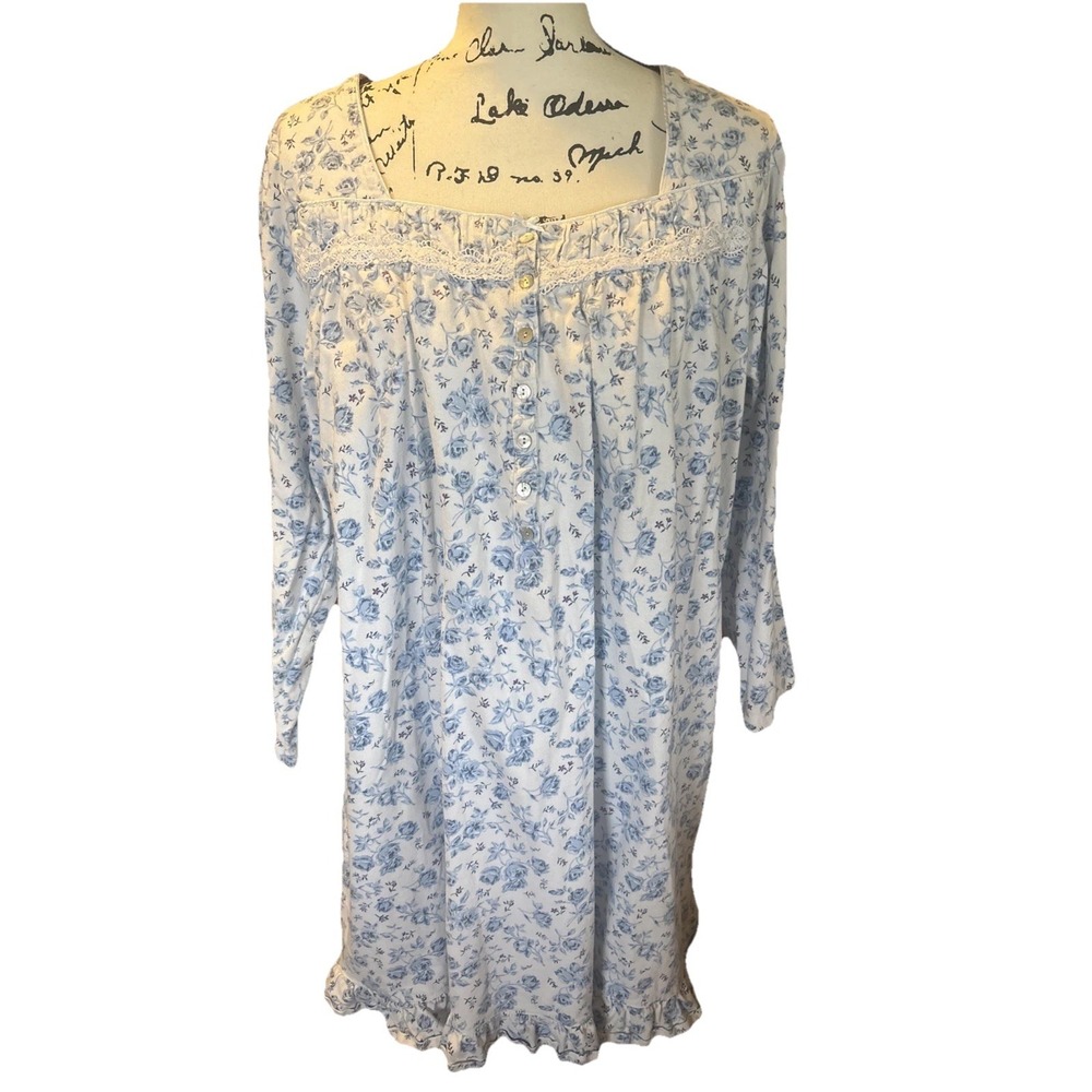 Eileen West Floral Print 100% Cotton Nightgown XL Blue White Long Sleeve